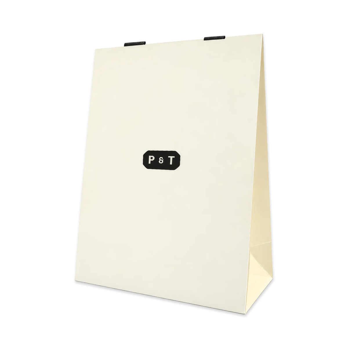 Cremefarbene P&T Einkaufstasche mit schwarzem Logo im minimalistischen Design.