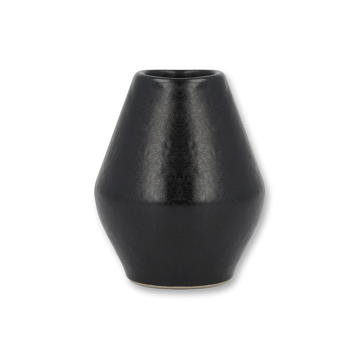Schwarze Keramikvase mit breitem, konischem Körper und schmaler Öffnung vor schwarzem Hintergrund.