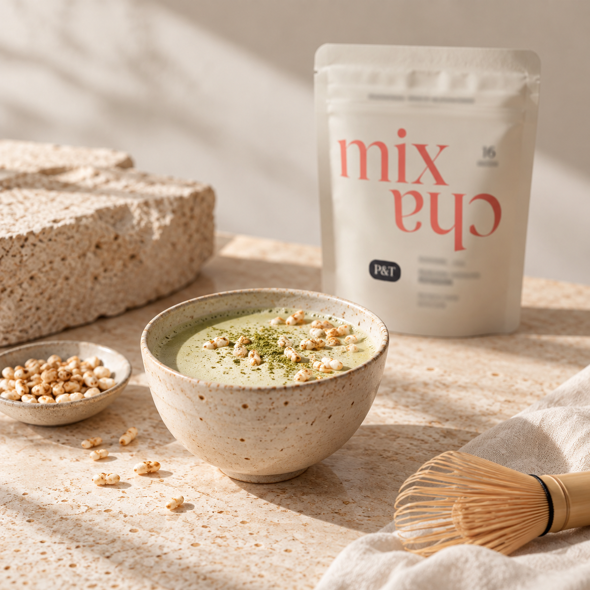 Beige Keramikschale mit cremigem grünem Matcha-Tee, Puffreis und grünem Matcha-Pulver, daneben Mix Cha Beutel von P&T.