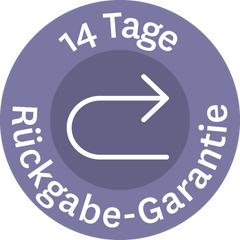 Runder violetter Aufkleber mit weißem Pfeil und Text ‚14 Tage Rückgabe-Garantie‘