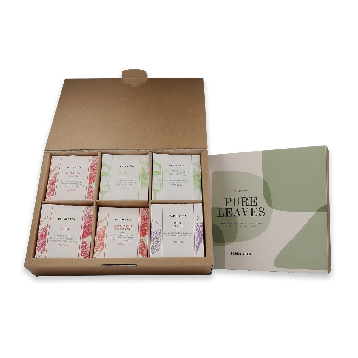 Geschenkset mit sechs Bio-Teesorten von Paper & Tea, inklusive Earl Grey, Sencha und Darjeeling.