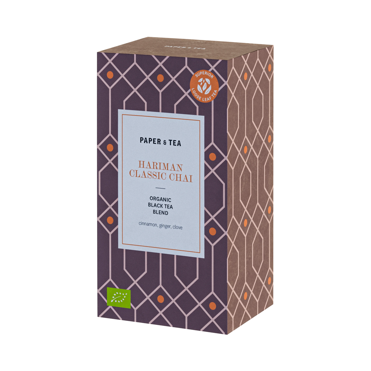 Verpackung von PAPER & TEA Hariman Classic Chai, Bio Schwarztee mit Zimt, Ingwer, Gewürznelke