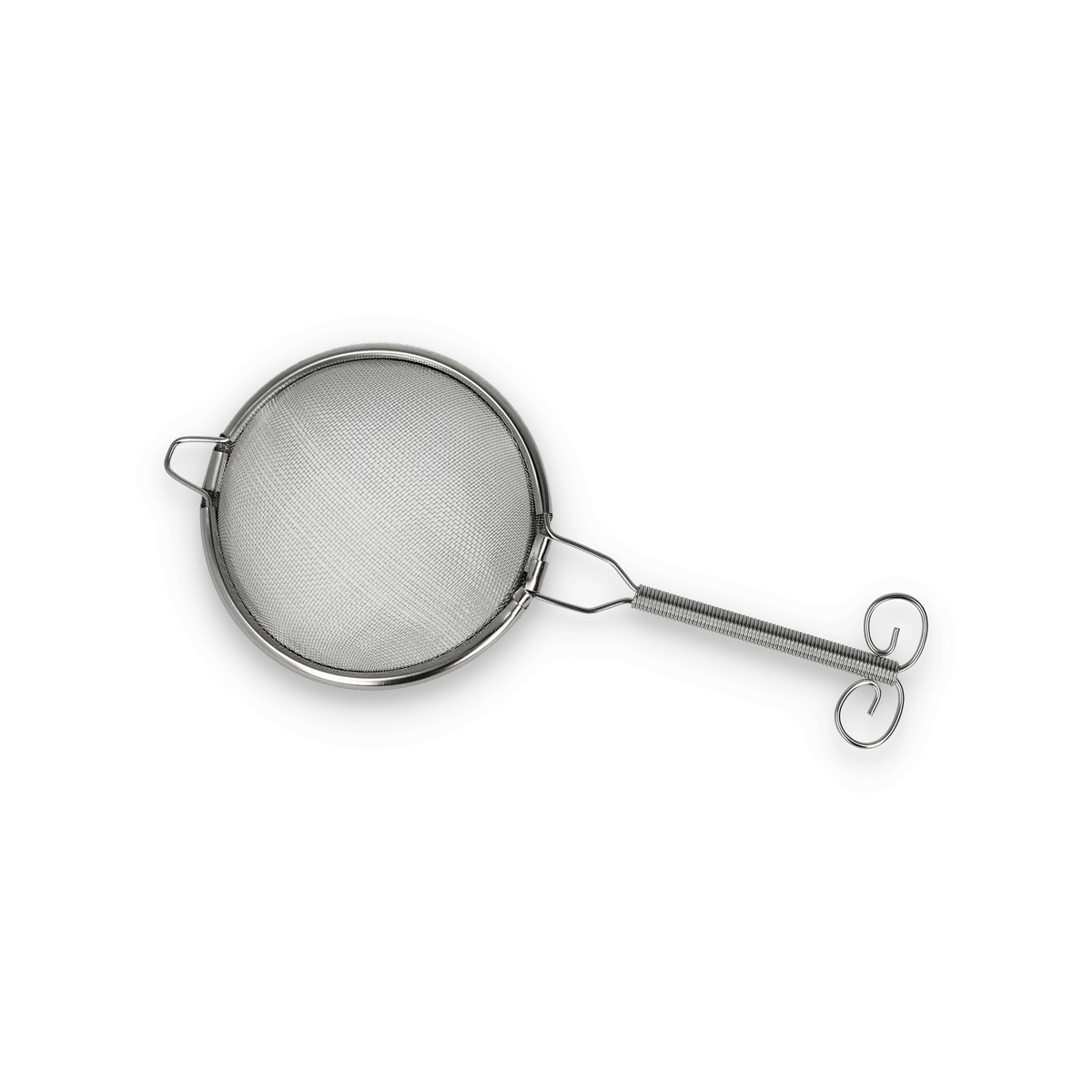 Edelstahl-Teesieb mit rundem feinmaschigem Korb und spiralförmigem Griff.