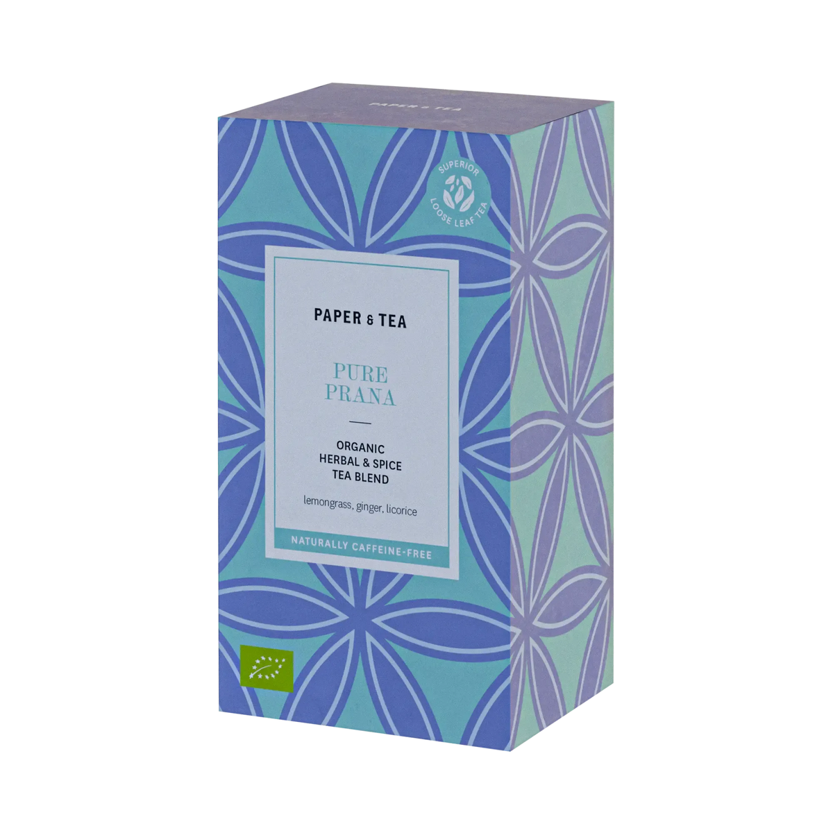Rechteckige Teeschachtel mit blau-grünem Blumenmuster, Paper & Tea Pure Prana Bio-Kräutertee, koffeinfrei