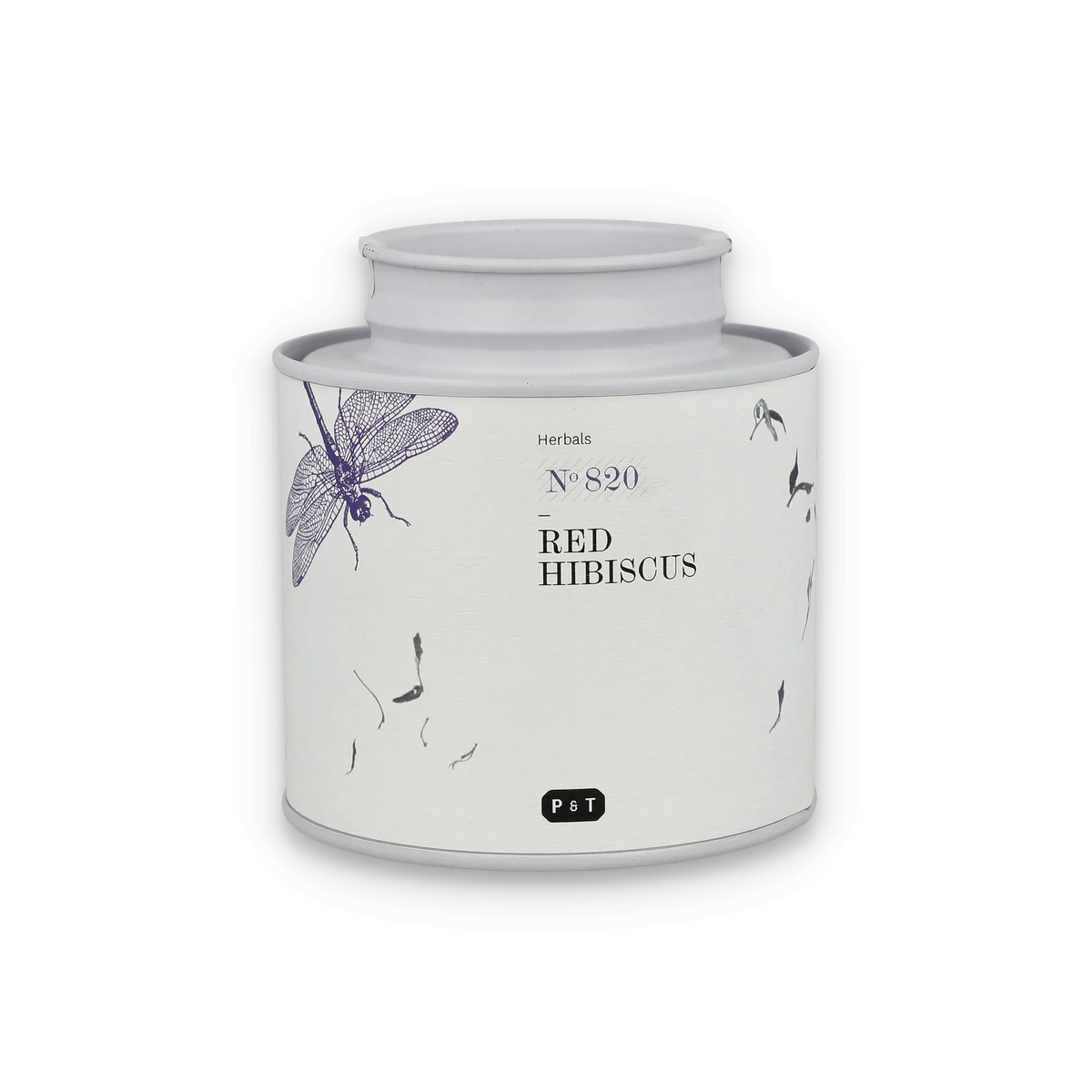 Weiße zylindrische Dose für Red Hibiscus Kräutertee mit lila Libellenillustration und botanischen Zeichnungen.