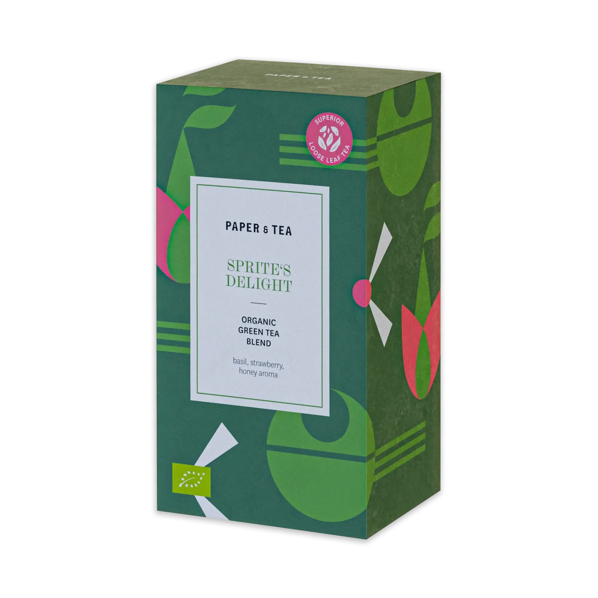 Grüne Teebox von Paper & Tea mit Sprite's Delight Bio-Grüntee, Basilikum und Erdbeerhonigduft.
