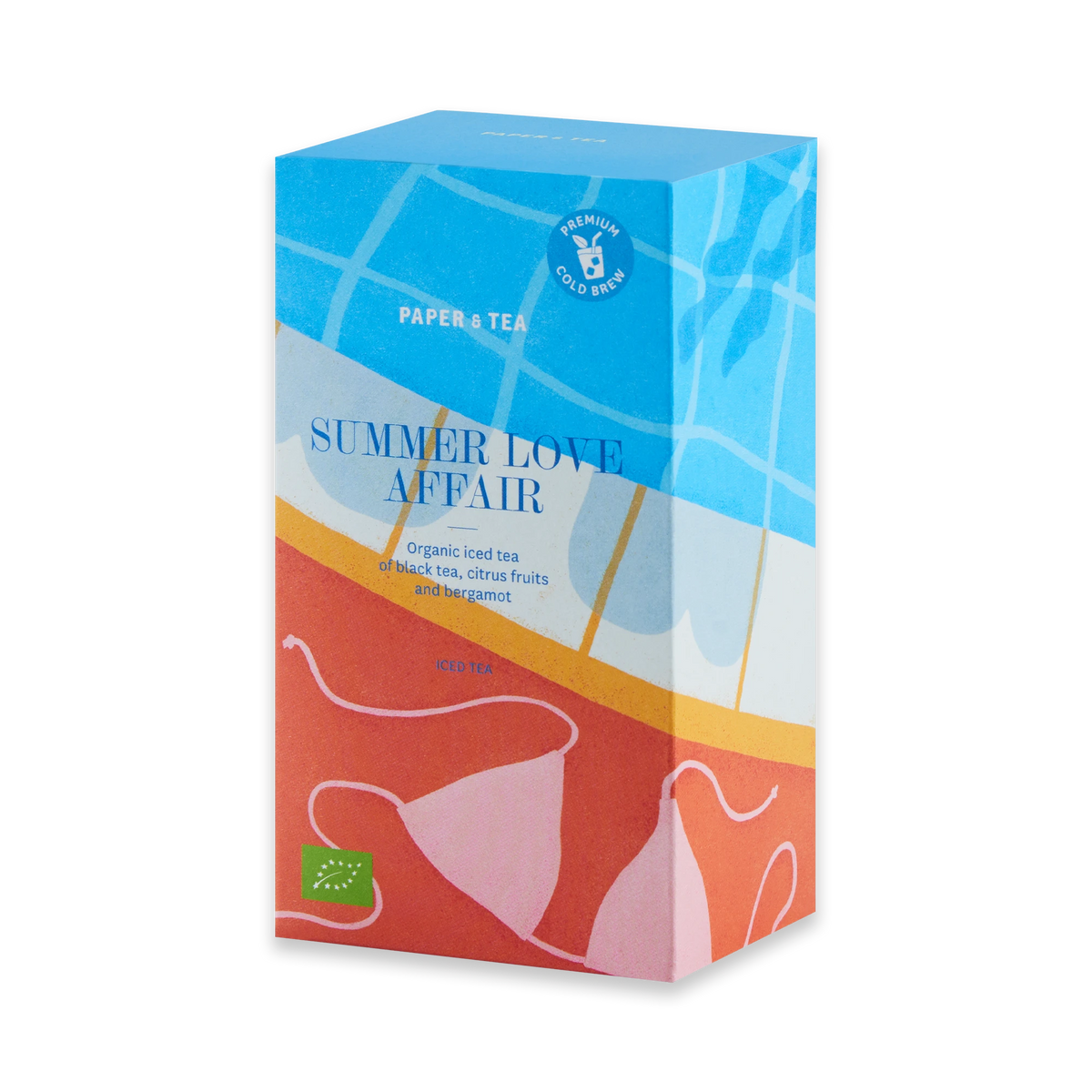 Bunte Verpackung des Paper & Tea Summer Love Affair Eistees mit schwarzem Tee und Zitrusfrüchten.