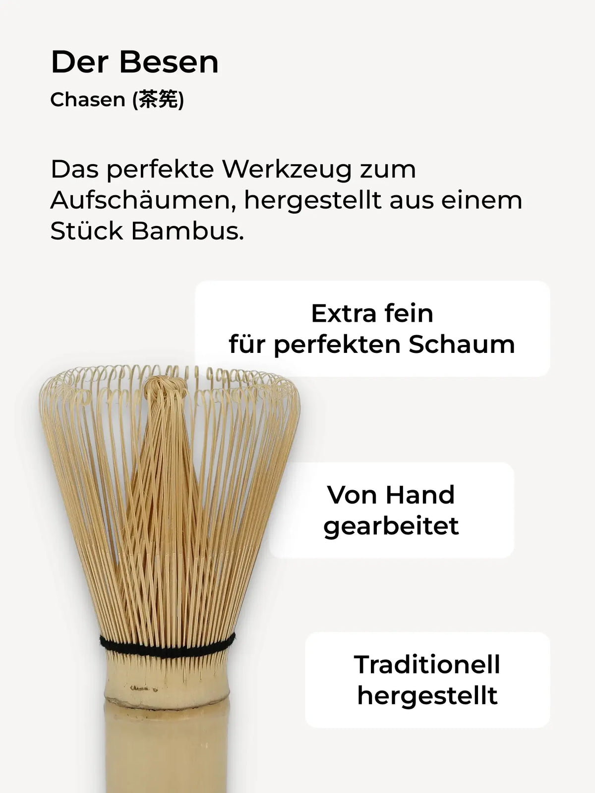 Handgefertigter Bambus-Matcha-Besen mit schwarzen Fäden für perfekten Schaum.