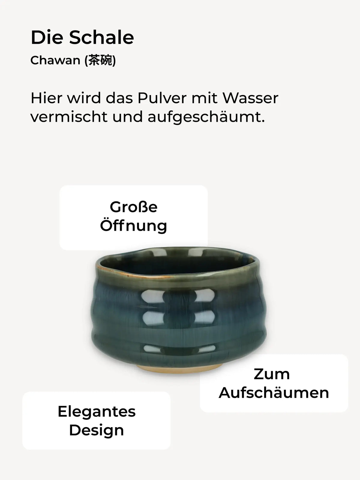 Dunkle, glänzende Keramikschale zum Aufschäumen von Matcha-Tee