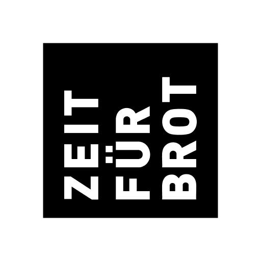 Schwarzes Quadrat mit weißem, vertikalem 'ZEIT FUR BROT' in moderner, serifenloser Schrift