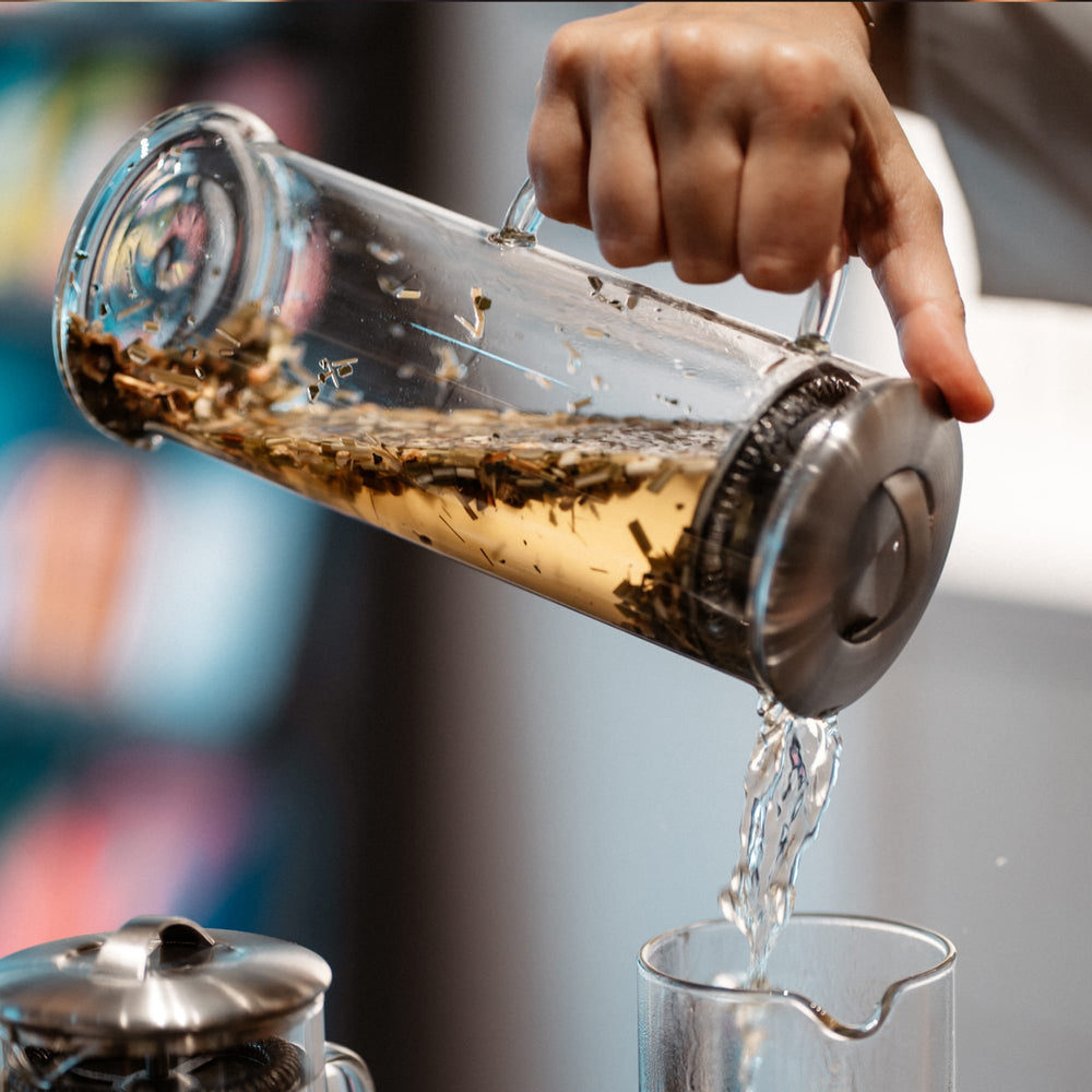 Eine Hand gießt frisch gebrühten Tee aus einer Glas-French-Press in ein transparentes Glas.