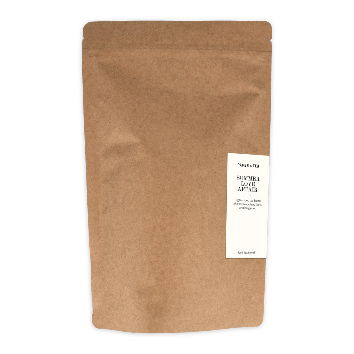 Braune Kraftpapier-Tüte mit Etikett, Bio-Eistee zuSUMMER LOVE AFFAIR, schwarzer Tee und Zitrusfrüchte.